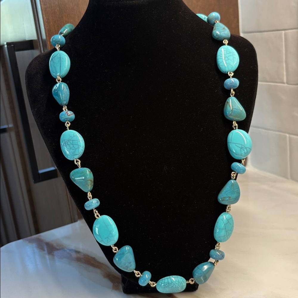 Y2K Chunky Beaded Turquoise w/ Gold Tone Links 24” Statement Necklace NIB Avon
